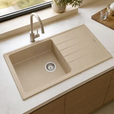 04-installed-beige سینک گرانیتی تک لگن سینی دار مدل شورم ZINAS