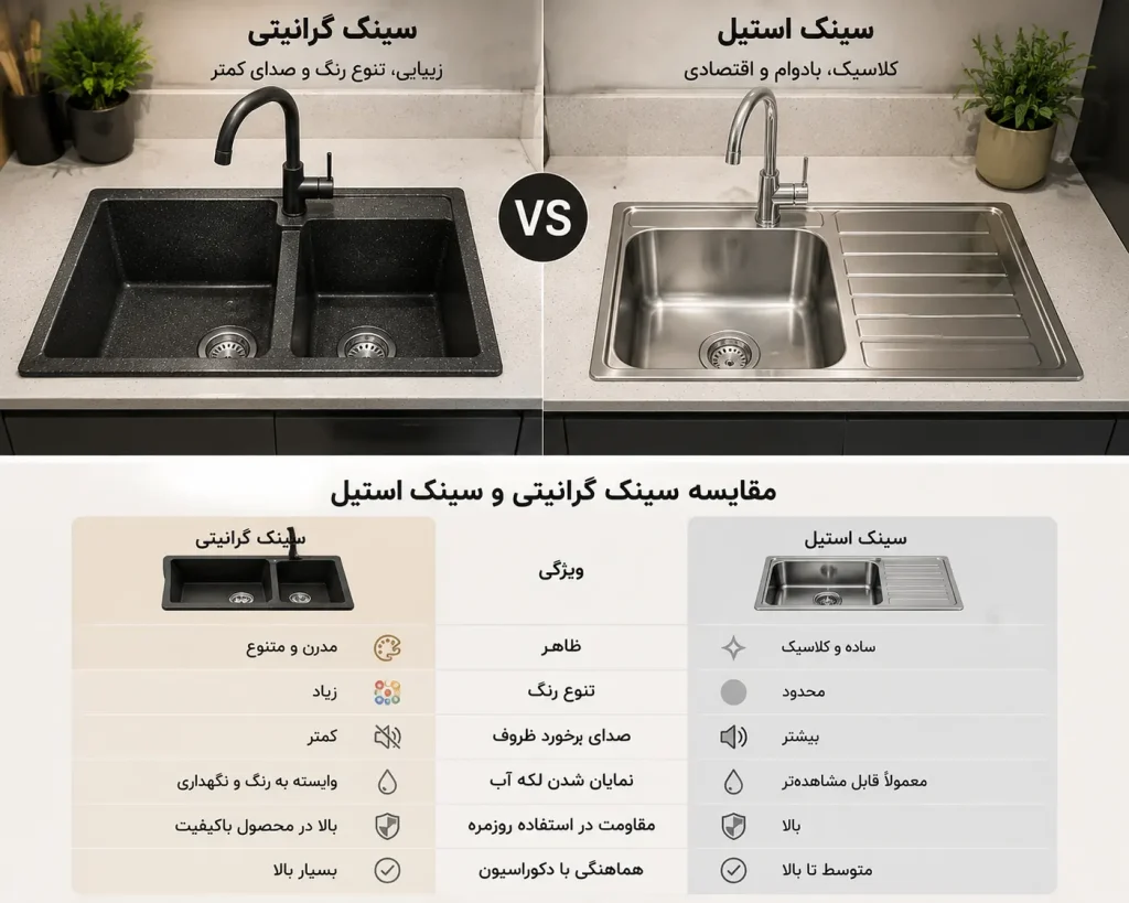 مقایسه سینک گرانیتی و استیل از نظر طراحی، مقاومت و کاربرد