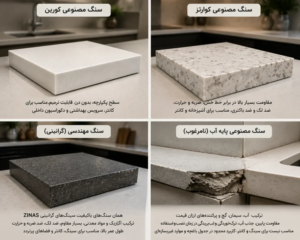 انواع سنگ مصنوعی و مقایسه سنگ کورین کوارتز و سنگ مهندسی