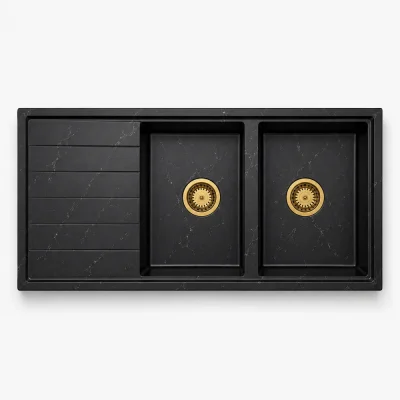 zinas-double-bowl-drainer-sink-114x50-black-marble-gold-top-view سینک گرانیتی دو لگن استاندارد مدل ماز ZINAS