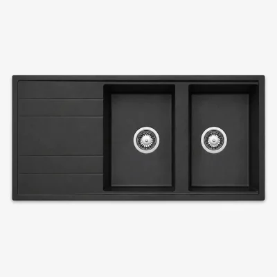 zinas-double-bowl-drainer-sink-114x50-graphite-chrome-top-view سینک گرانیتی دو لگن استاندارد مدل ماز ZINAS