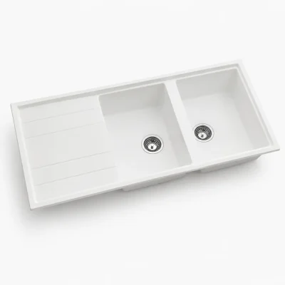 zinas-double-bowl-drainer-sink-114x50-white-chrome-angle-view سینک گرانیتی دو لگن استاندارد مدل ماز ZINAS