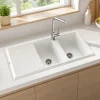 zinas-double-bowl-drainer-sink-114x50-white-chrome-installed-close سینک گرانیتی دو لگن استاندارد مدل ماز ZINAS