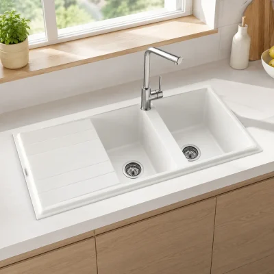 zinas-double-bowl-drainer-sink-114x50-white-chrome-installed-close سینک گرانیتی دو لگن استاندارد مدل ماز ZINAS