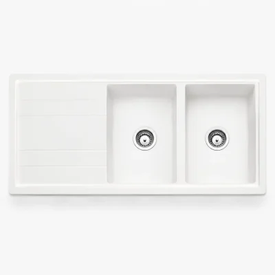 zinas-double-bowl-drainer-sink-114x50-white-chrome-top-view سینک گرانیتی دو لگن استاندارد مدل ماز ZINAS