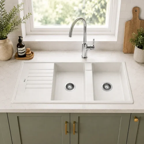 zinas-double-bowl-sink-drainer-equal-bowls-white-installed-close سینک گرانیتی دو لگن بزرگ مدل تیسا ZINAS | طراحی مدرن
